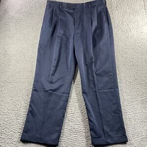 JOS A BANK PANTS MENS 36x29 BLUE LEADBETTER GOLF CUFFED POLYESTER ZIP FLY SLACKS